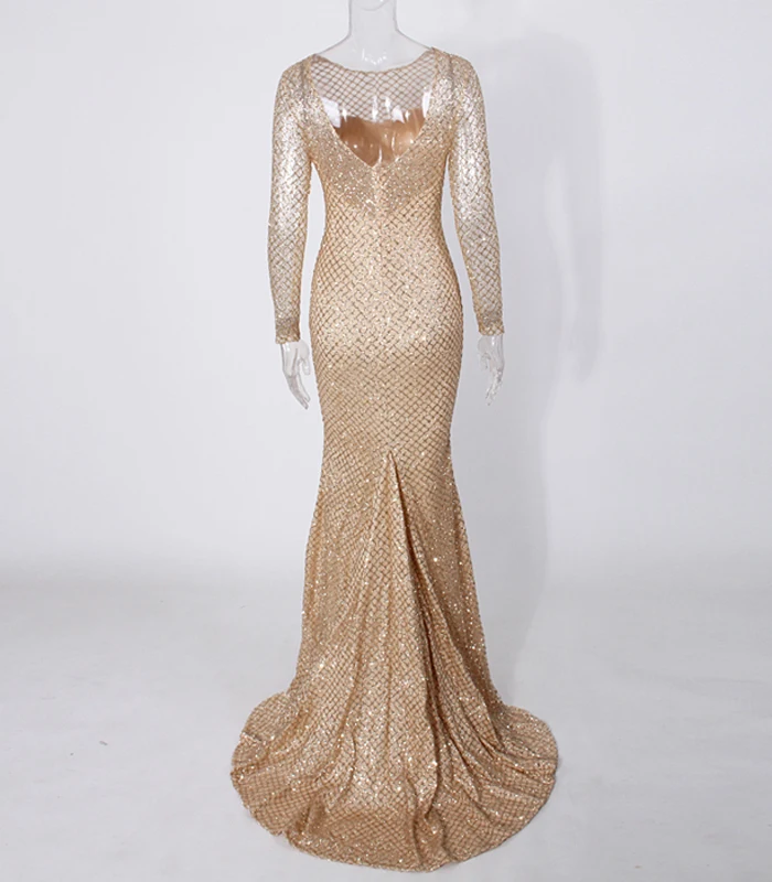 Серебряный золотое плед закругленный воротник платье для вечеринки в макси тугой Glitter пустотелый с длинными рукавами длина пола элегантное вечернее платье