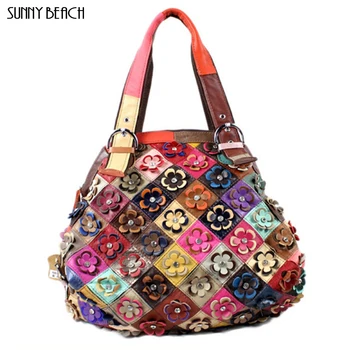 

New style of genuine leather large size women bag single shoulder bag flower color matching women handbag total bag