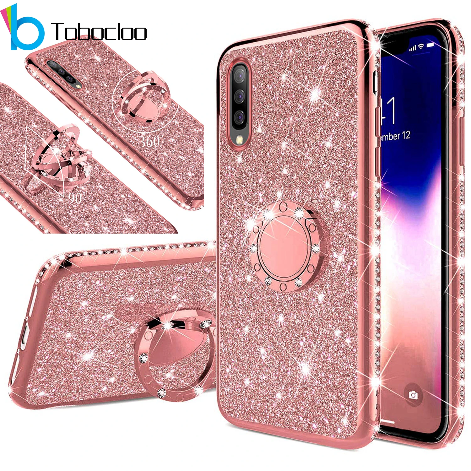 

for Samsung Galaxy A10 A20 A30 A40 A50 M20 A6 A7 A8 2018 Plus A20E M10 M30 A70 360 Ring Car Holder Case Soft Glitter Bling Case
