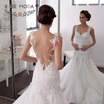 

Rose Moda Luxury Mermaid Wedding Dress 2019 Backless Lace Bridal Dresses with Long Train