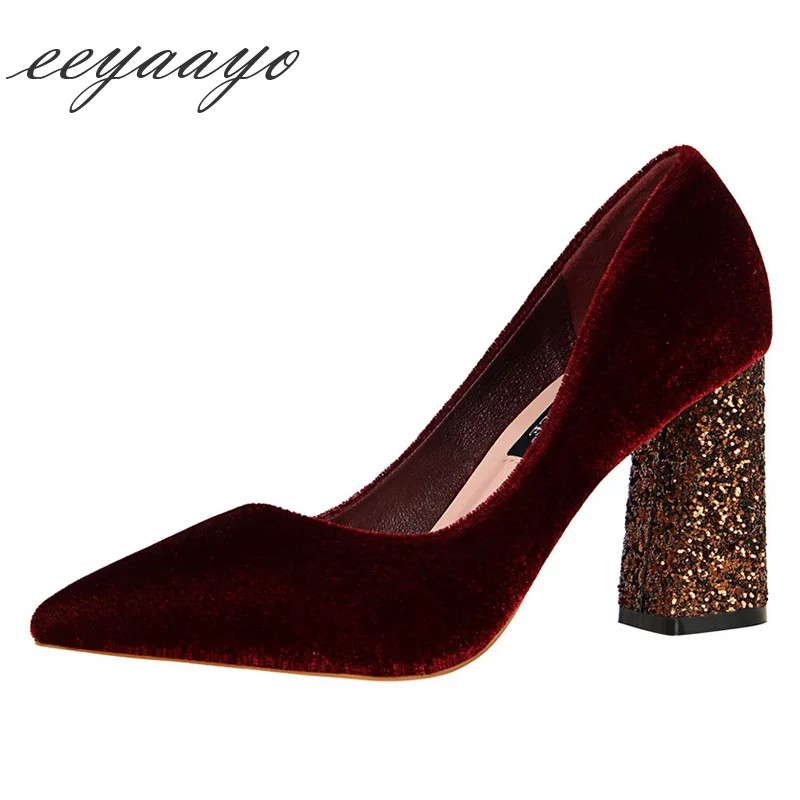 

2019 New Spring/Autumn Women Pumps High Square Heel Pointed Toe Slip-On Bling Sexy Office Ladies Women Shoes Wine red High Heels
