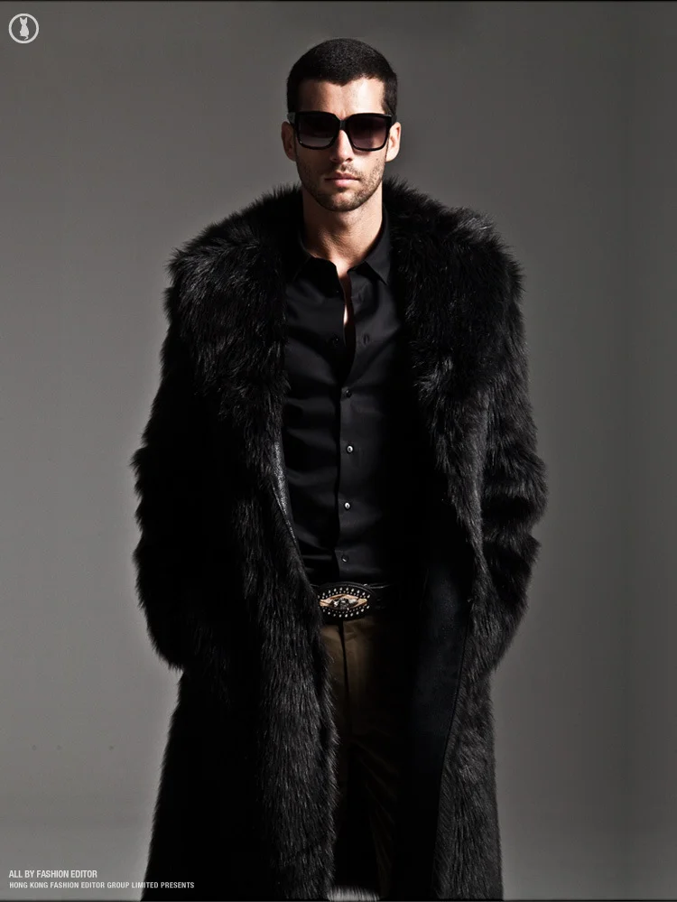 Мужское меховое пальто, зимняя верхняя одежда из искусственного меха, ветровка, пальто, Мужская парка в стиле панк, куртки, длинные кожаные пальто из натурального меха, брендовая одежда - Цвет: Черный