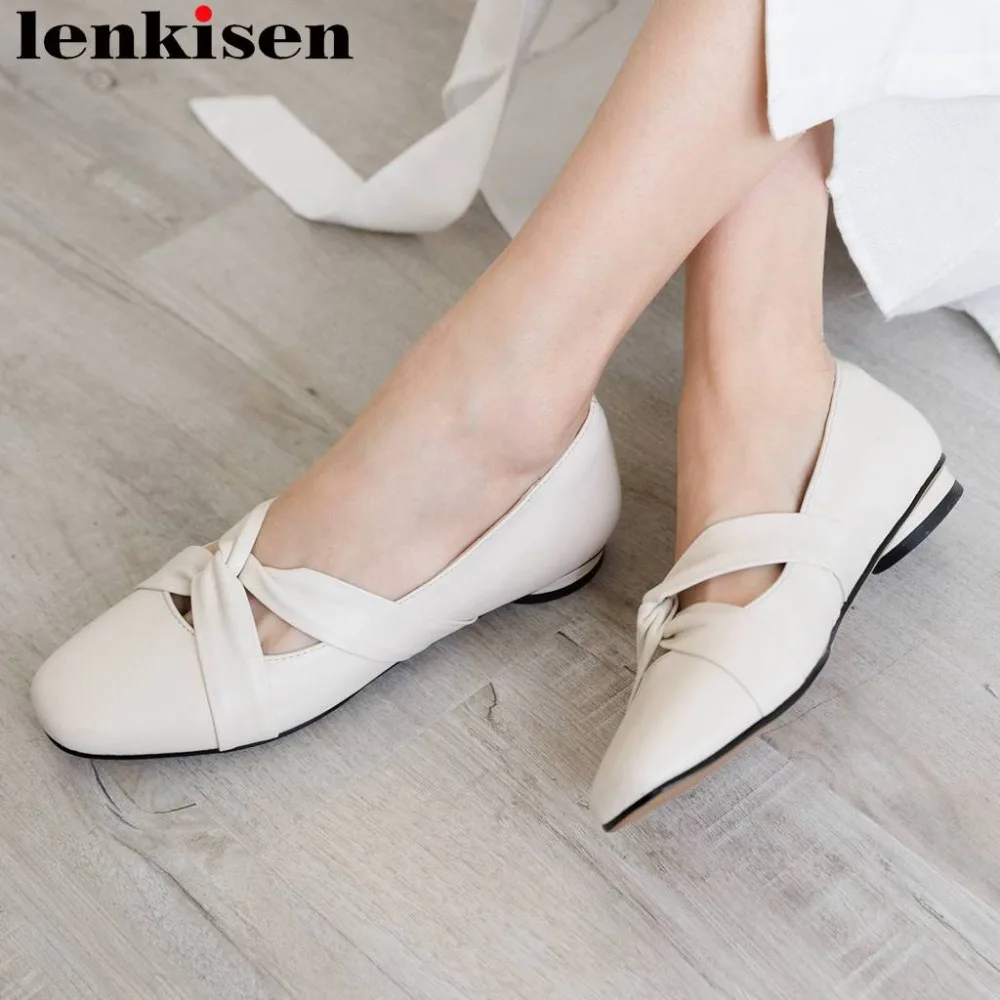 

Lenkisen hand-sewn leather genuine leather ballet shoes loafers slip on comfortable square toe vocation beach women flats L25