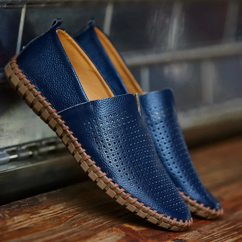 

Fashion Summer Men Slip- Low Tide Leather Shoes 2017 Business Leisure Shoes Genuine Leather Men's Shoes L Hollow Breathable Peas