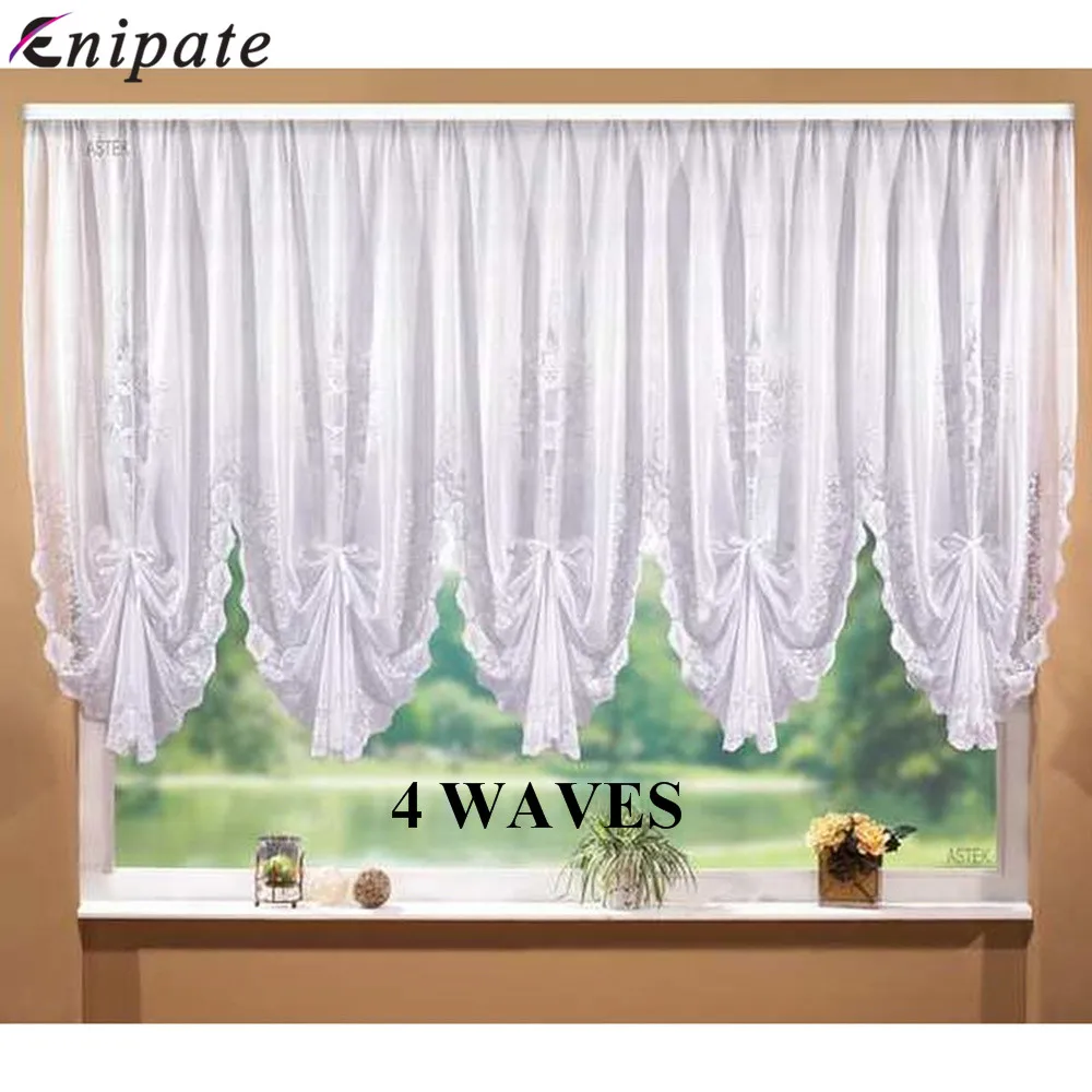 Enipate White Lace Blinds Pleated Design Stitching Curtains for Living Room Bedroom Short Tulle Kitchen Window Valance Curtain