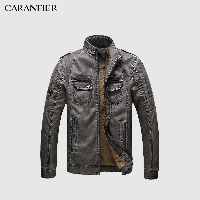 Куртка CARANFIER мужская из моющейся кожи утепленная Байкерская куртка