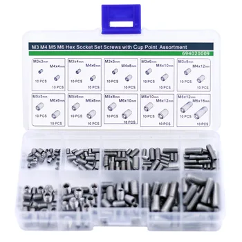 

M3 M4 M5 M6 Hex Socket Set Screws with Cup Piont Assortment Kit,Stainless Steel,200 pieces