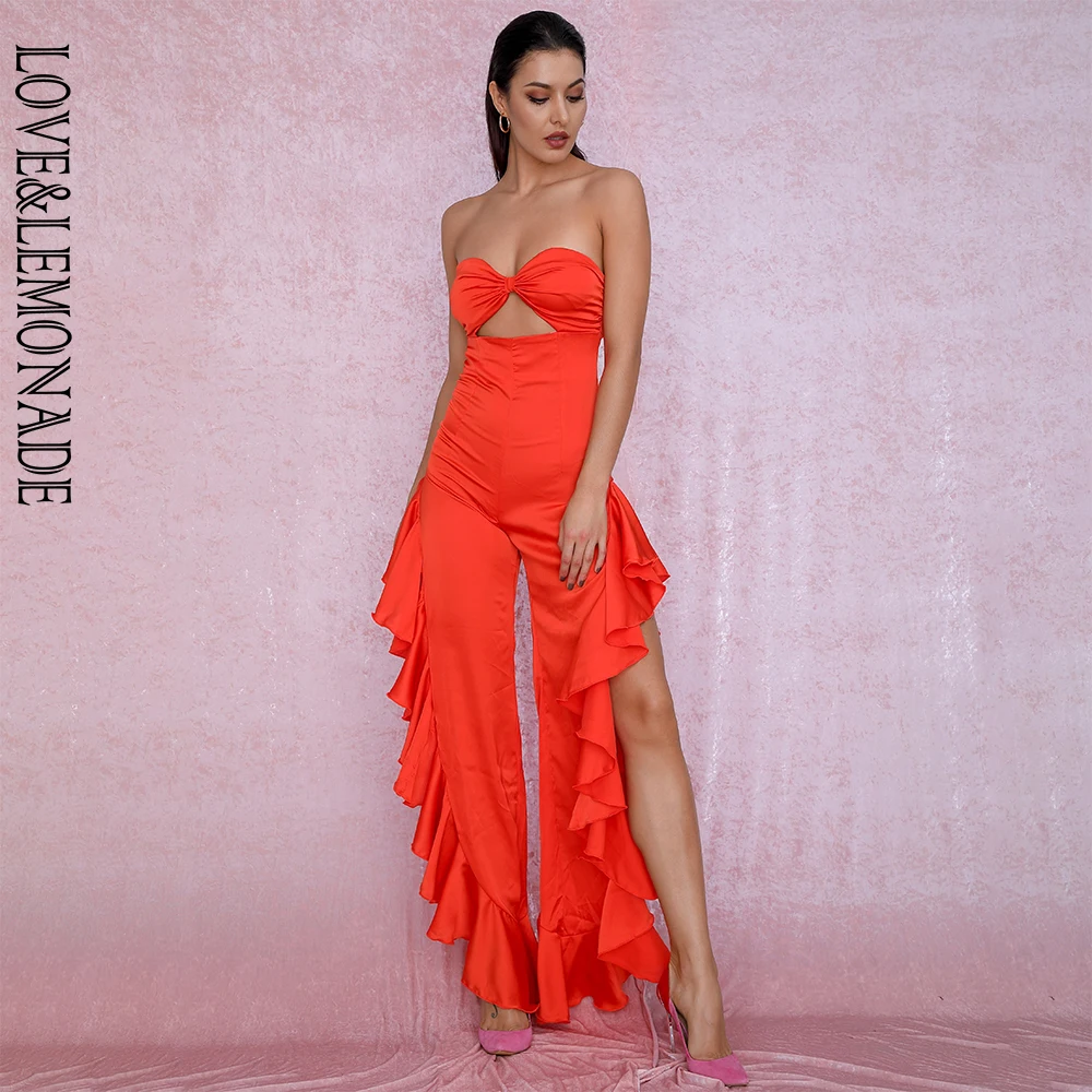 

LOVE&LEMONADE Sexy Orange Tube Top Cut Out Side Slit Ruffled Jumpsuit LM81772