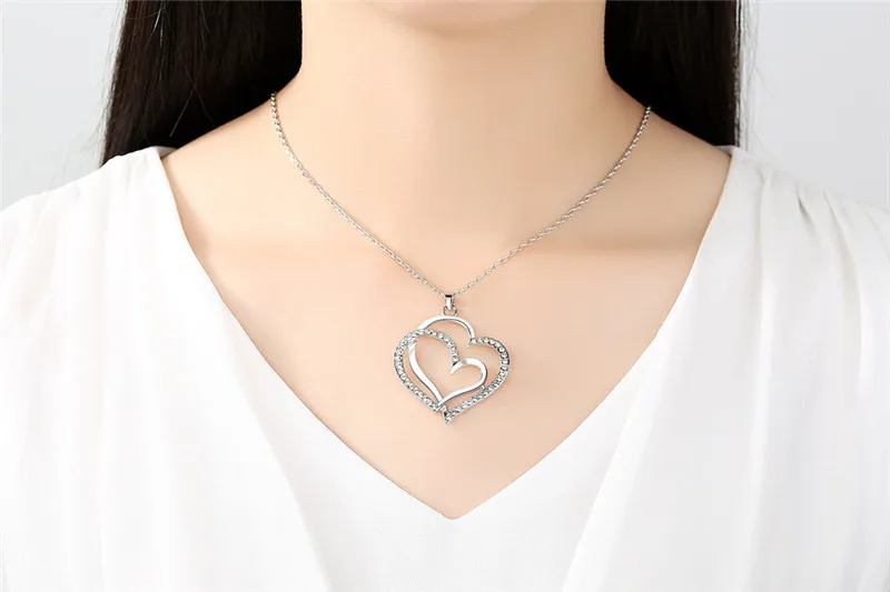 Top Quality AAA Austrian Crystal Necklace Rhinestone Double Heart Pendant Necklace Sweater Chain Charm Women Fashion Jewelry N18 (5)