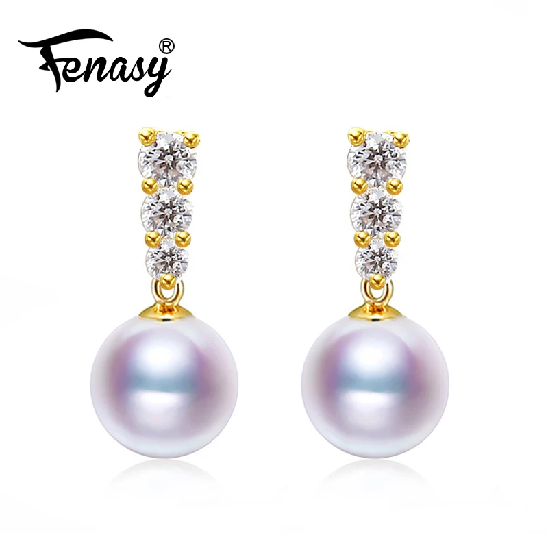 

FENASY 18K Gold Earrings Pearl Jewelry Drop Earrings Yellow Gold Earrings For Women Wedding Jewelry Round White Beads Earrings