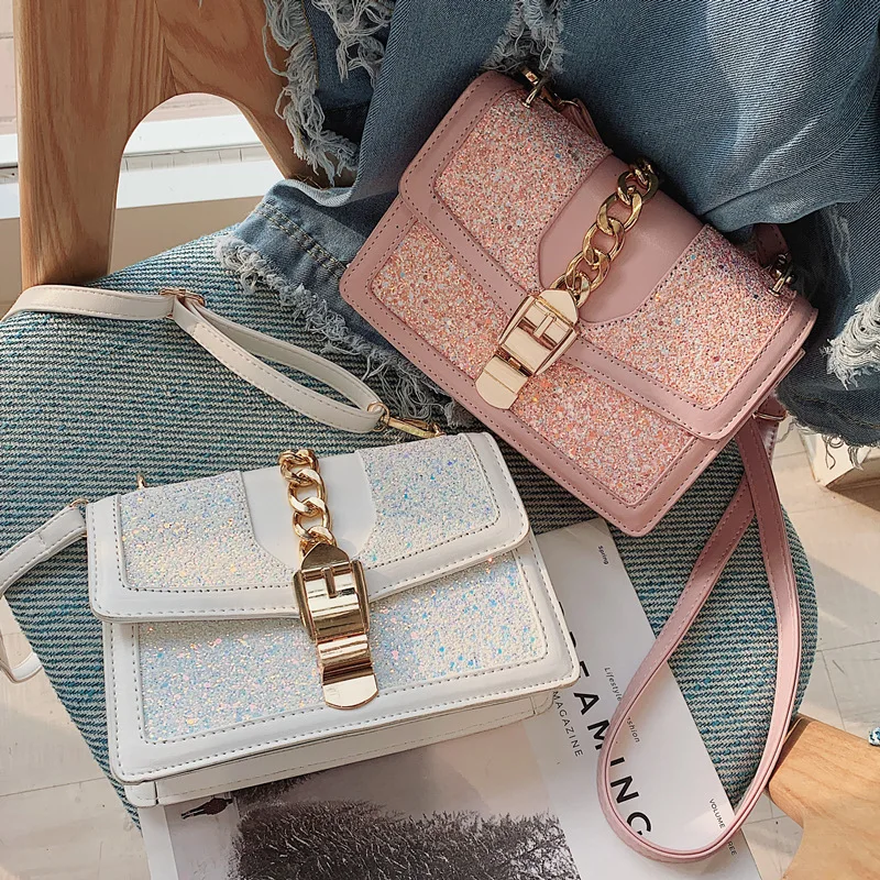 

Sweet Lady Sequin Square bag 2019 Fashion New High Quality PU Leather Women's Designer Handbag Chain Lock Shoulder Messenger Bag