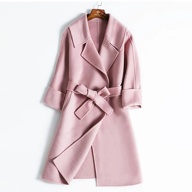 AKSLXDMMD шерстяное пальто для женщин, высокое качество, бренд, новинка, Осень-зима, Регулируемая Талия, двойные шерстяные куртки, Женское пальто LH989 - Цвет: pink