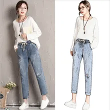 Джинсовые штаны длиной до щиколотки, весна-осень, новые женские свободные прямые джинсы с аппликацией кота из мультфильма, джинсы с эластичной резинкой на талии