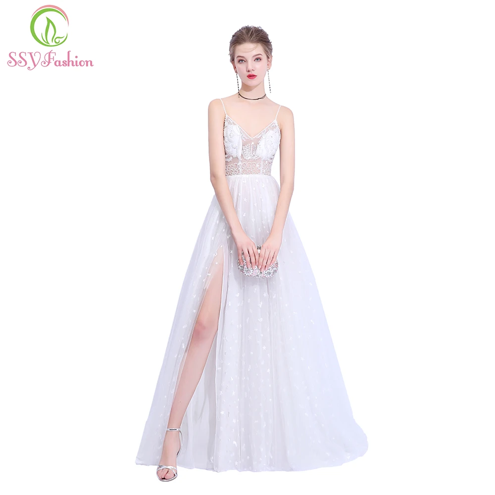 

SSYFashion New Luxury Evening Dress High-end White Sexy V-neck Sleeveless Backless Lace Beading Prom Formal Gown Robe De Soiree