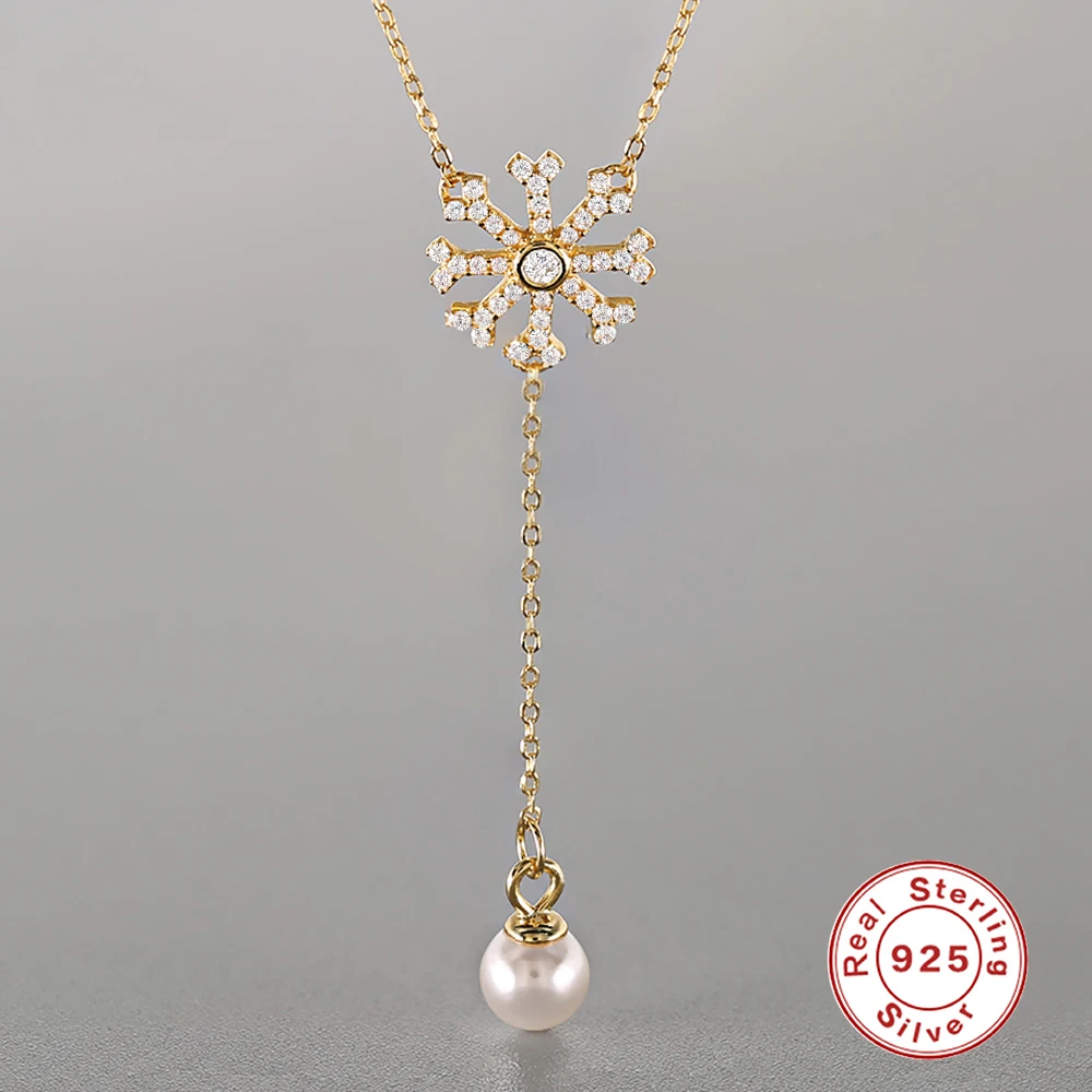 Gold Color Zircon Snowflake Flower Pendant Necklace for Women 925 Sterling Silver Long Pearl Necklaces Fashion Jewelry C40