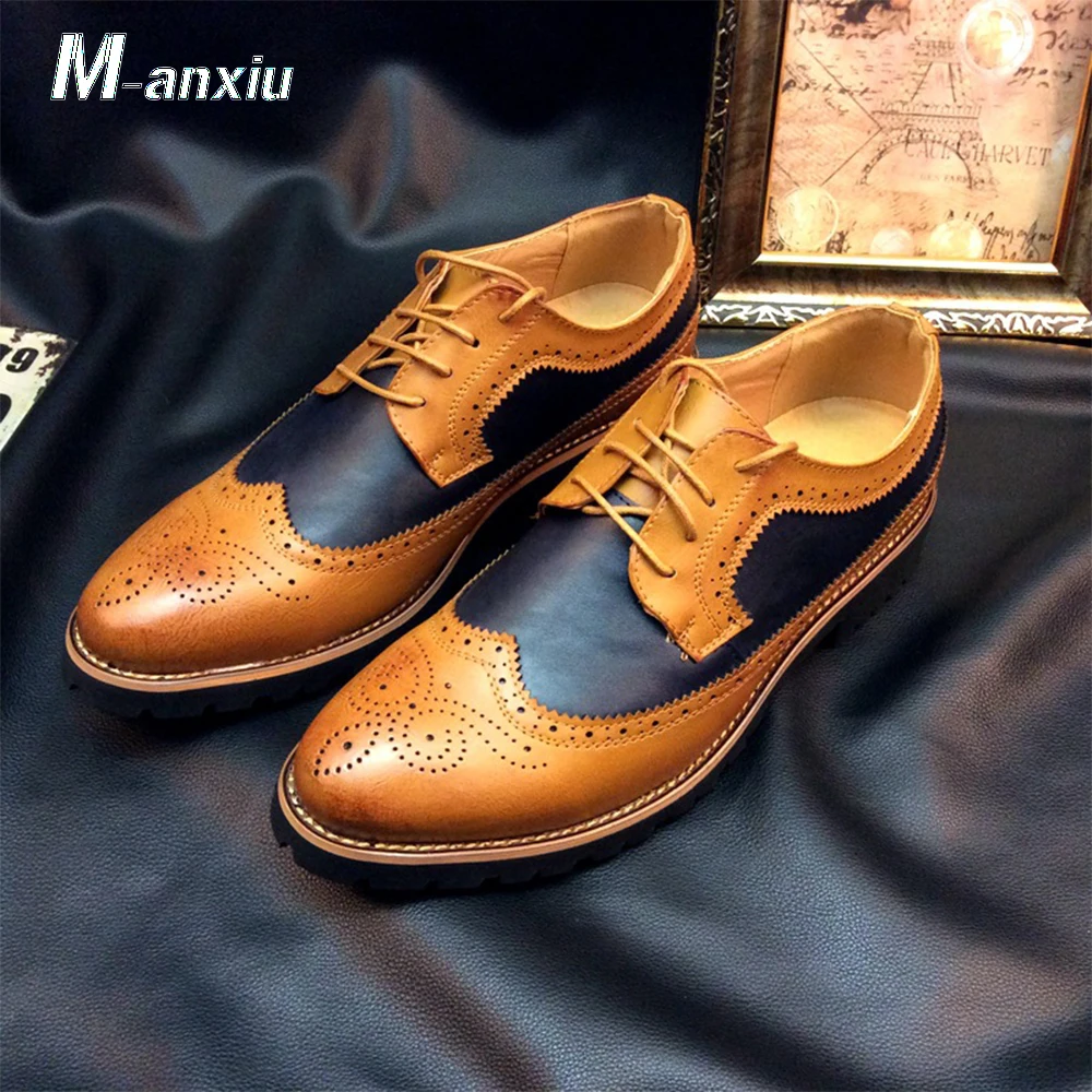 M-anxiu Mens Fashion Brogue Shoes Carved Lace Spell Color Shoes Dress Shoes Men's Business Casual Shoes 38-43