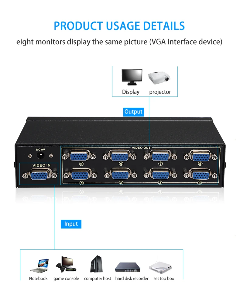 8 Порты и разъёмы сплиттер VGA HDMI VGA обмена видео можно также использовать для 1-4-out 250 МГц 15HDF 60 M Высокая частота 1920*1440 блок питания