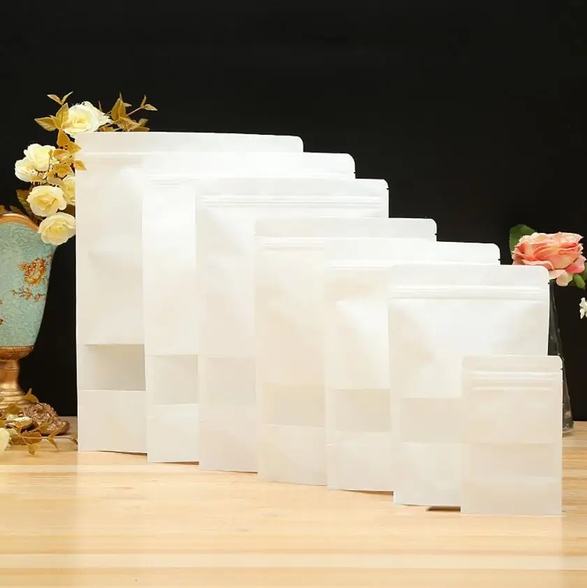 

White Resealable Kraft Paper Tea bag Stand up Zip Lock Pouches with scrub window Clear display Self Seal Packaging 20pcs/lot