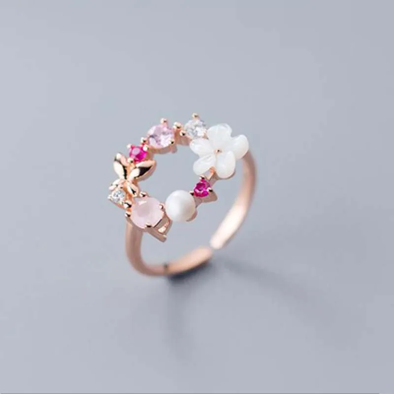 Ракушка цветок кольца из стерлингового серебра 925 для женщин модные ювелирные изделия регулируемый имитация жемчуга открытый обручальное кольцо