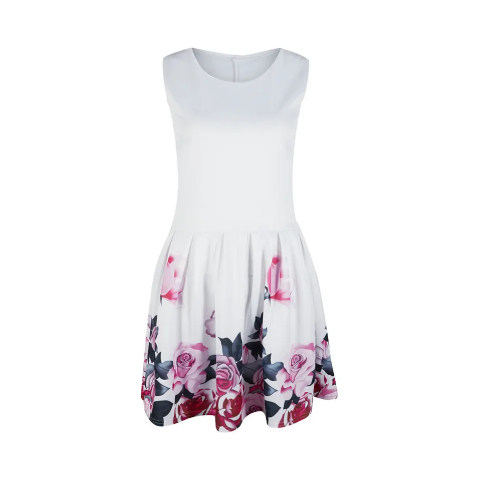 Women Summer Flower Printed A-Line Dress O-Neck/V-Neck Sleeveless Mini Dress Elegant Lady Steetwear Party Dress (Without Belt)