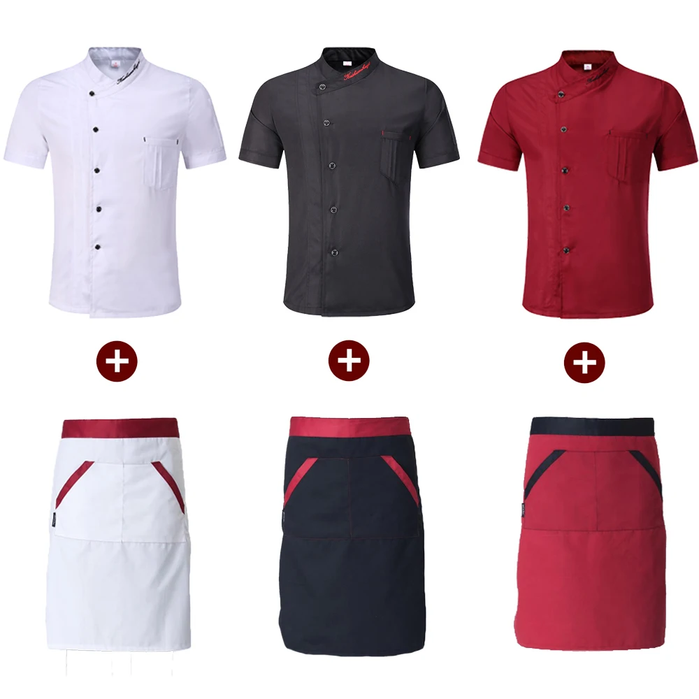 

Single Breasted Restaurant Kitchen Chef Work Uniforms Short Sleeve Breathable Embroidery Bakery Cafe Hotel Waiter Jackets Aprons