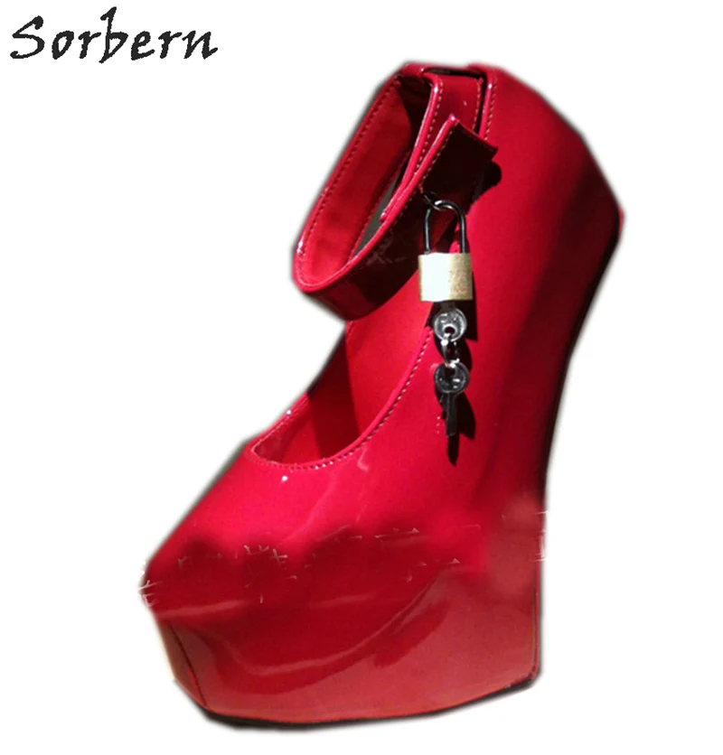 Sorbern/пикантные туфли-лодочки на платформе с ремешком на щиколотке; туфли-лодочки на платформе с замочком и ремешком на замке; лакированные черные туфли; Новинка; женская обувь - Цвет: Красный