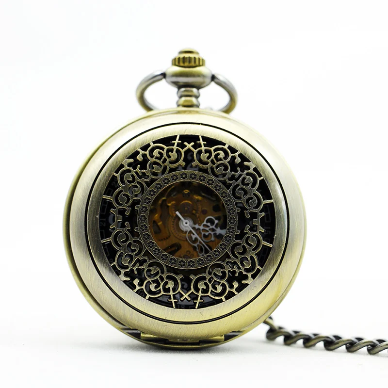 

Best Mechanical Bronze Pocket Watch Hollow Pattern Black Dial Hand Wind Classic Steam Exquisite Unisex Chain Clock PJX1104