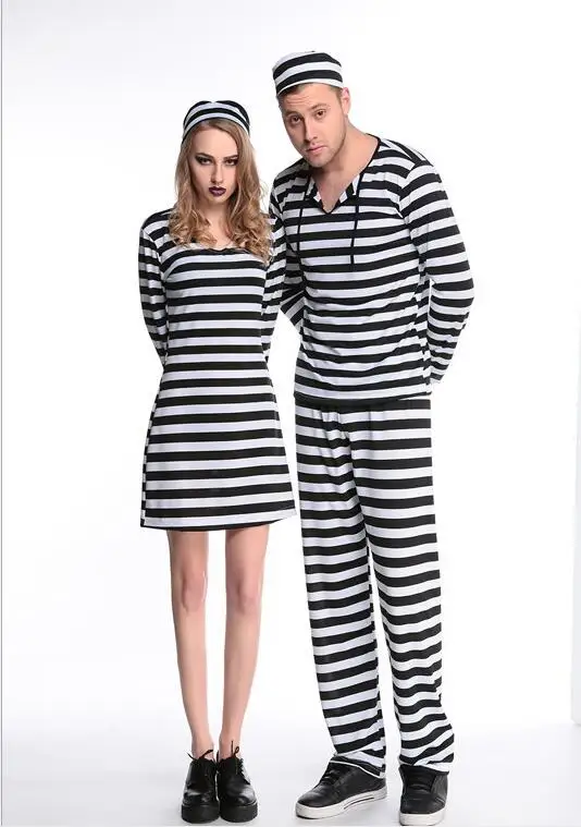 Костюмы для Пурима на Хэллоуин для взрослых и женщин, мужчин, страшный Зомби костюм заключенного в черно-белую полоску, нарядное платье для костюмированной вечеринки