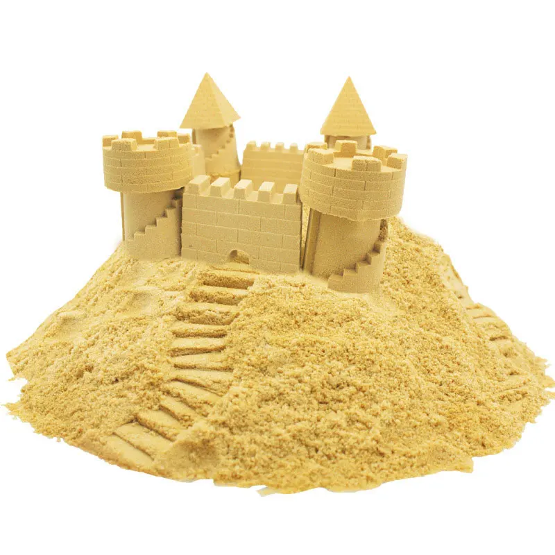 Top View Yellow Kinetic Sand with Molds. Magic Sand for Children