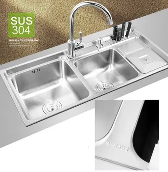 

910*430*210mm multifunction 304 Stainless steel kitchen sink double bowl drainer Handmade brushed matte seamless welding sink