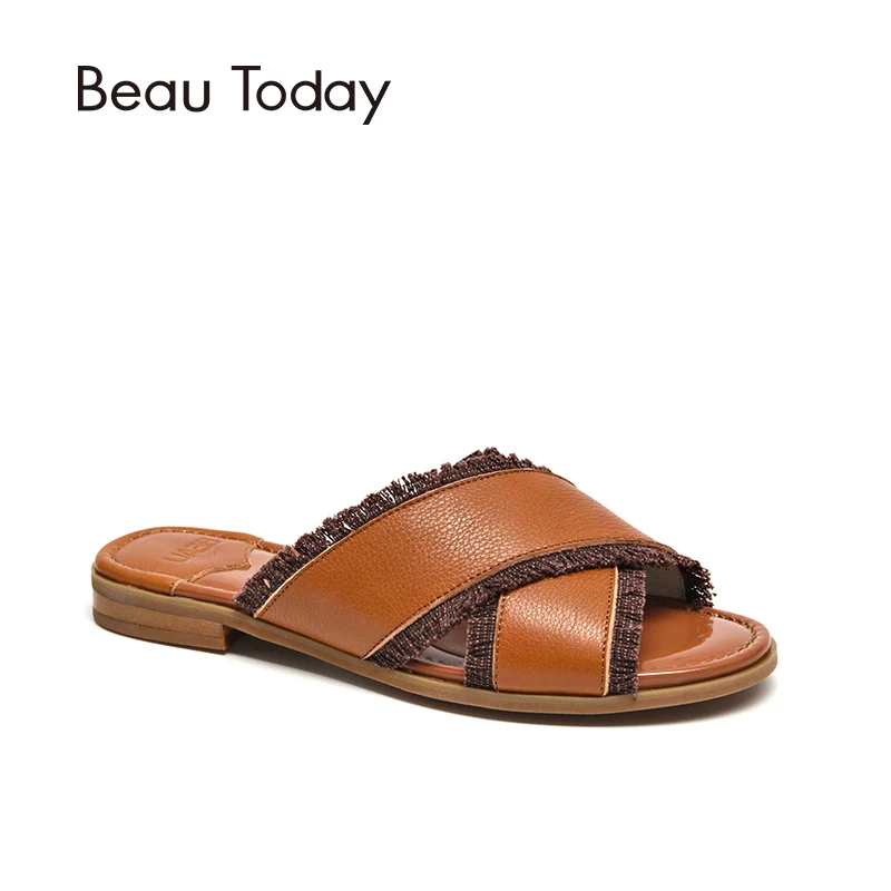 

BeauToday Women Slippers Genuine Cow Leather Fringe Decoration Rome Gladiator Flat Summer Shoes Handmade 36054