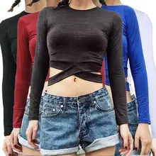 Женское сексуальное Корректирующее белье с высокой талией, укороченный топ, круглый вырез, длинный рукав, футболка, однотонная, плотная, перекрестная, полая, Спортивная рубашка
