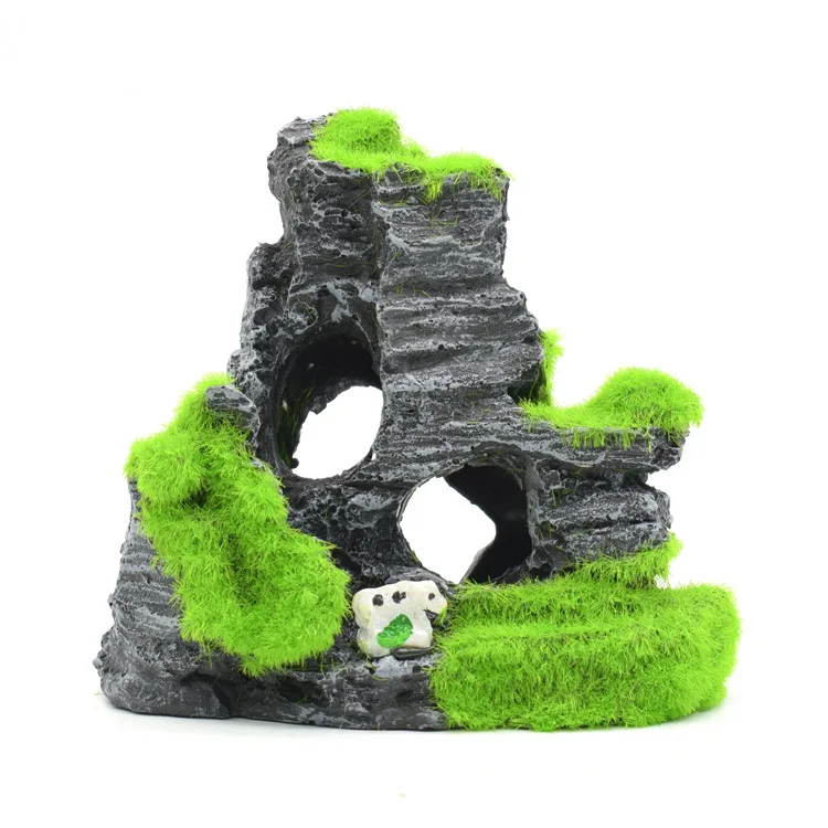 Flone Artificial Plant Resin Aquarium Landscape Decor Fish Shrimp Nest Moss Rock Mountain Dodge House Flocking Moss Rockery  (4)