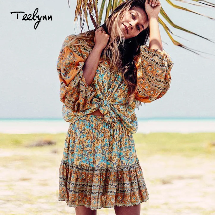 

TEELYNN Boho blouse 2018 autumn Vinatge golden floral print blouses Hippie o-Neck puff long Sleeve Bohemia top new women blouses