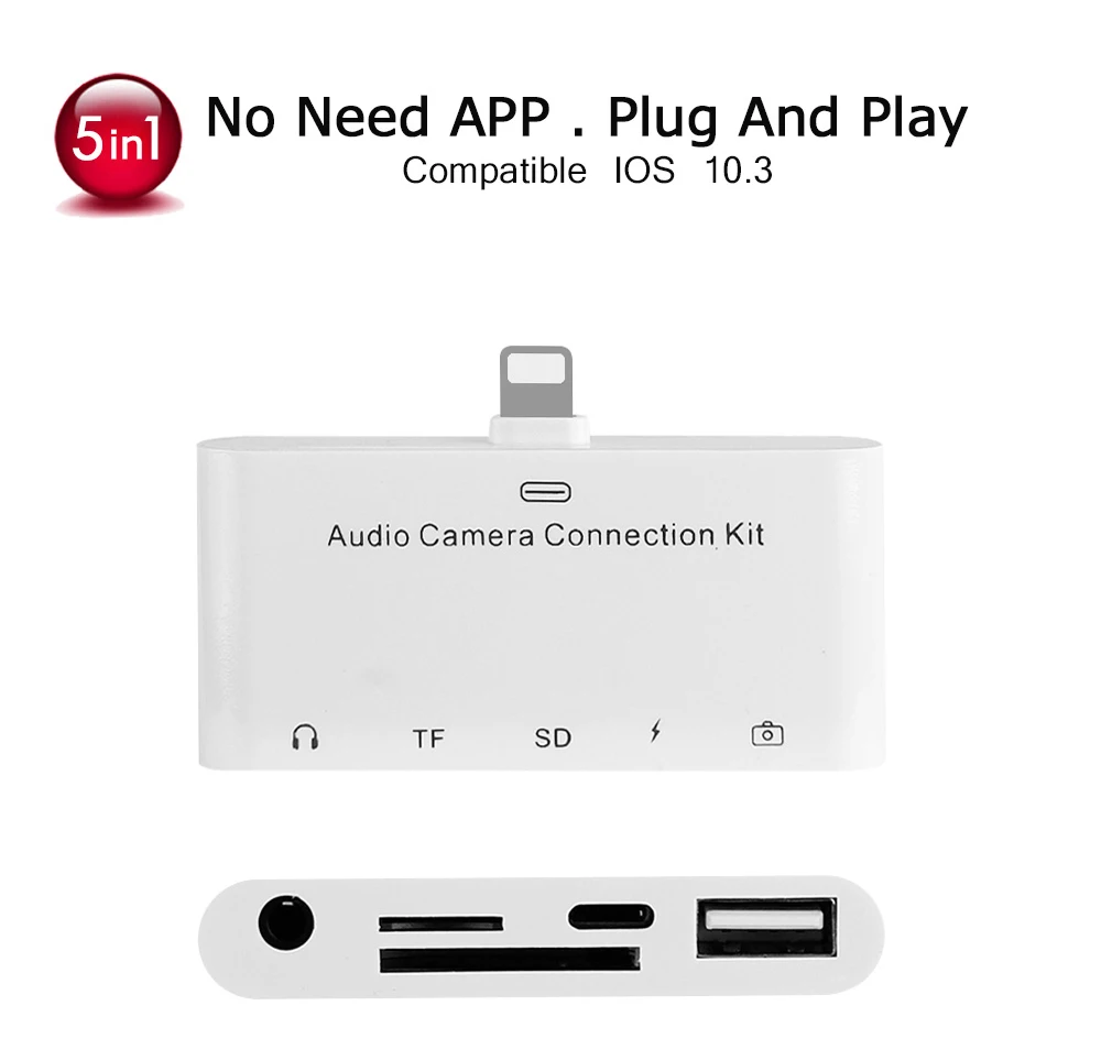 

5X 5 in 1 For Lightning Audio Camera Connection Kit Camera Reader Adapter TF/SD Card Reader 3.5 AUX For iPhone 6 7 8