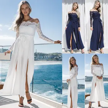 

Women Ladies Party Clubwear Lace Off Shoulders Long Sleeves Bodycon Bandage Jumpsuit Elegant Long Pant Trousers