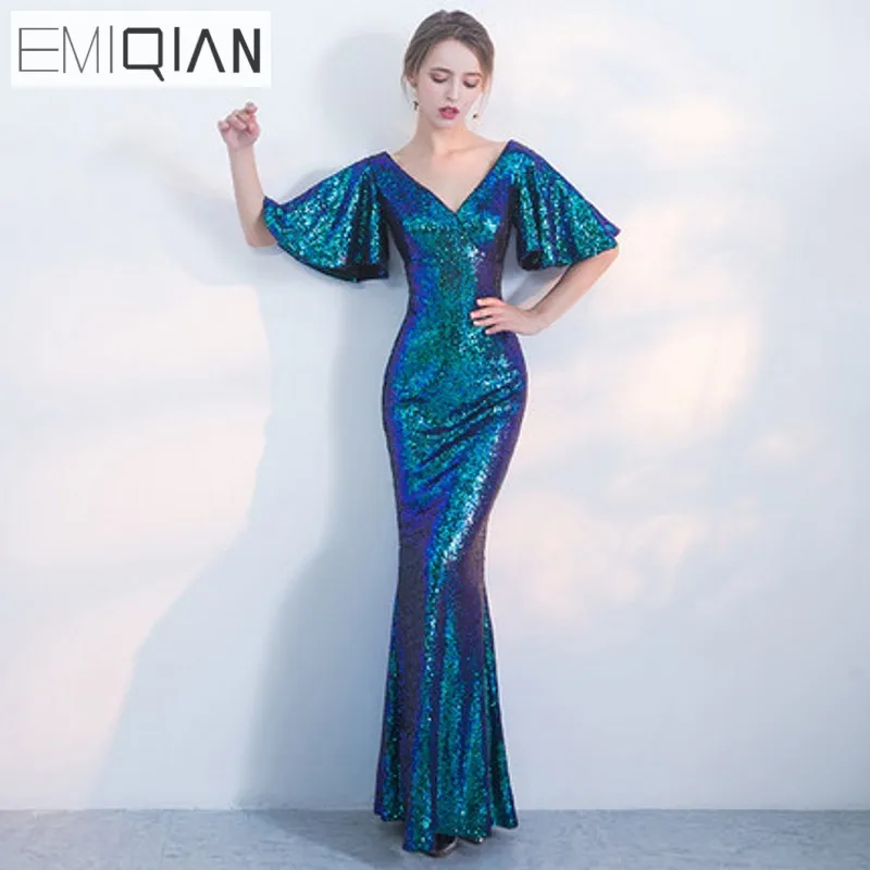 

NEW Designer Blue Sequin Formal Prom Party Dress Mermaid Long Evening Dresses Cheap
