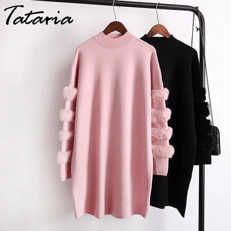 Long Sweater Dress Women Loose Real Rabbit Fur Pull Femme Women Sweaters And Pullovers Knitted Sweater Dresses For Winter