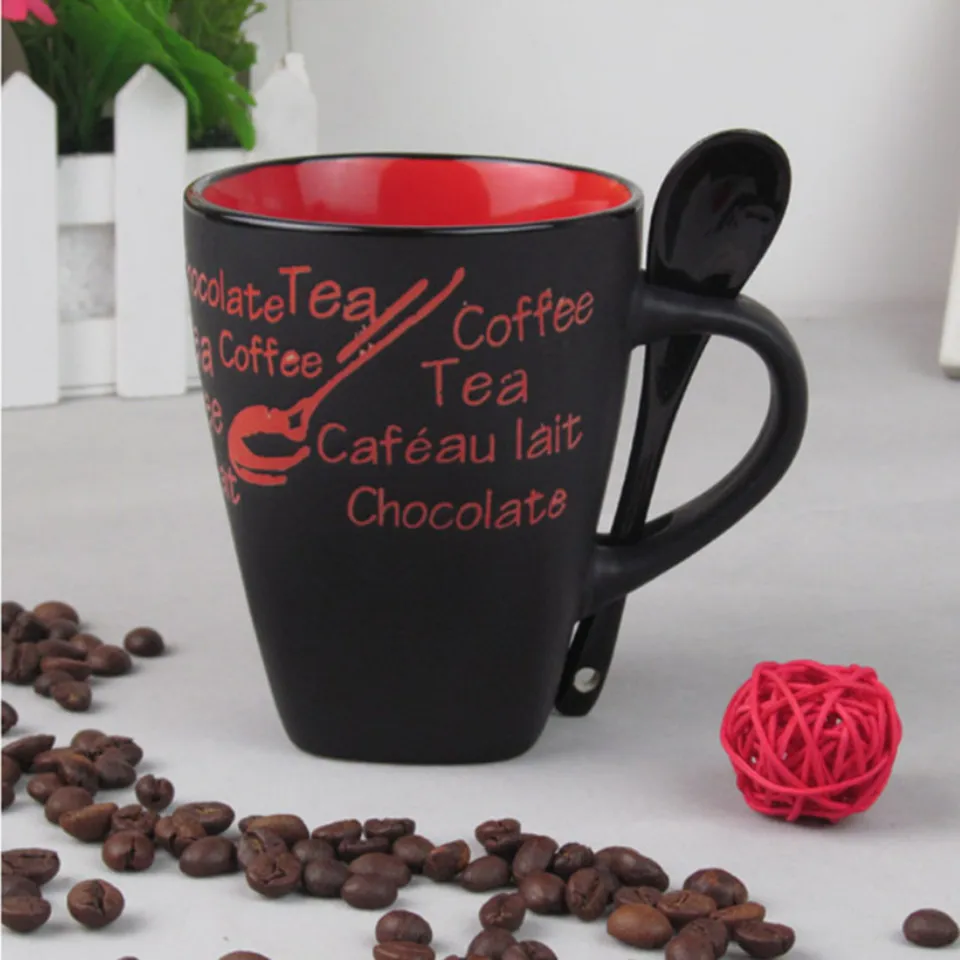 Coffee Cups And Mugs With Spoon Matte Black Ceramic Coffee Mug Milk Cup DrinkTea Creative Porcelain Travel Coffee Mug Letters          CB223