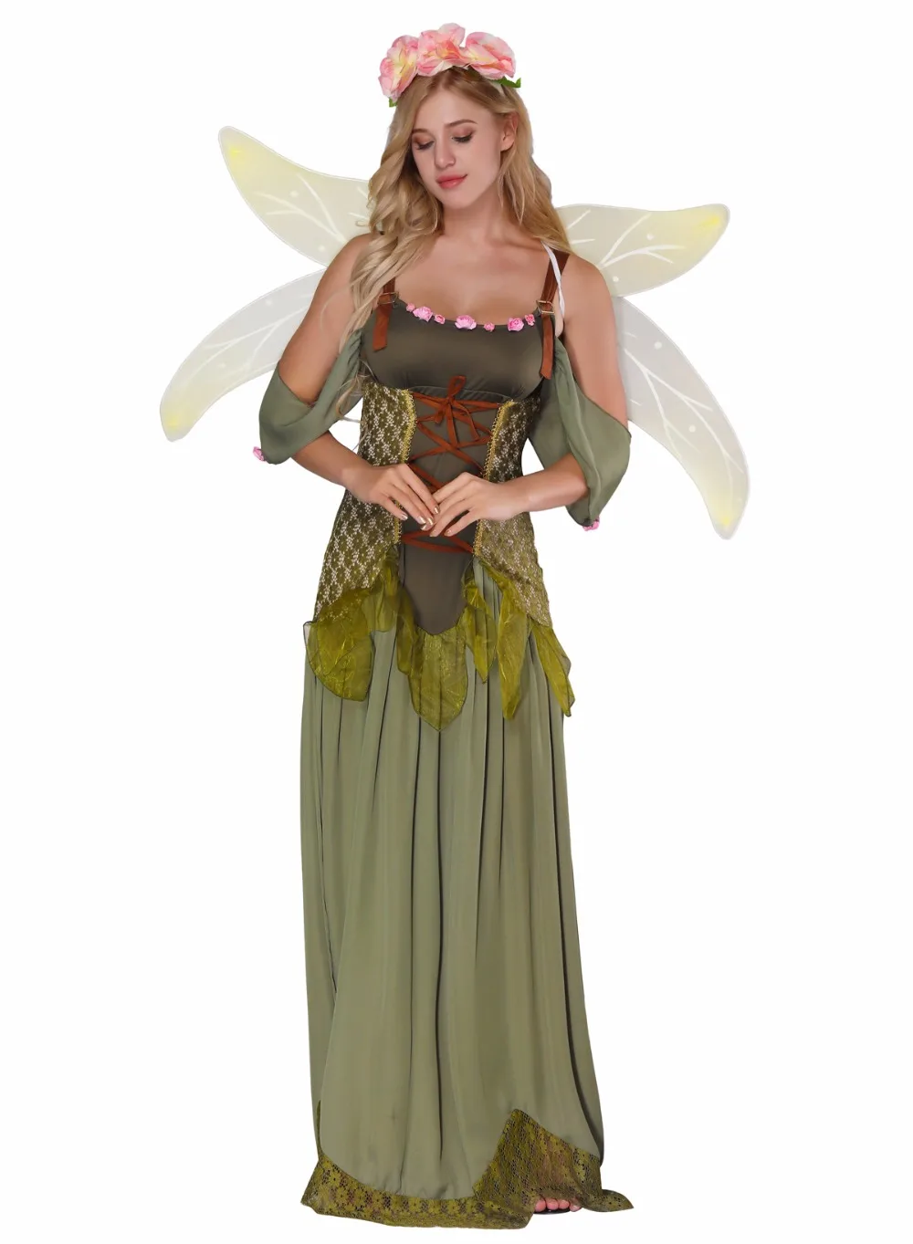 Ангел Цветочная фея платье Наиболее популярные классические Хэллоуин Косплэй костюм Для женщин зеленый цветок Фея костюм принцессы