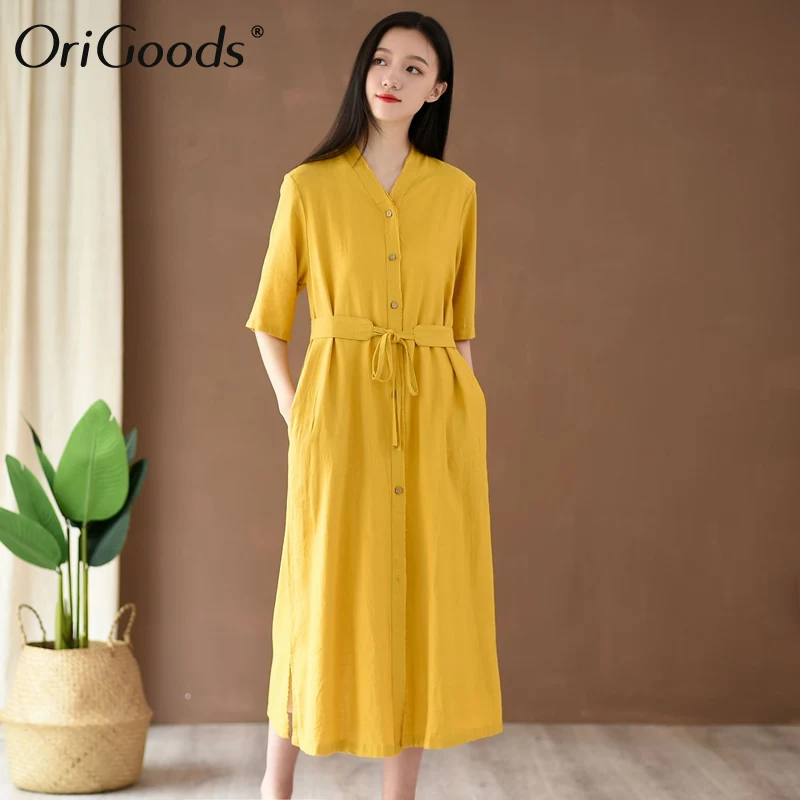 

OriGoods Linen Long Shirt Women V-neck Belt Long Shirt Dress 2019 Summer New Elegant Long Blouse Vestidos Femme C237