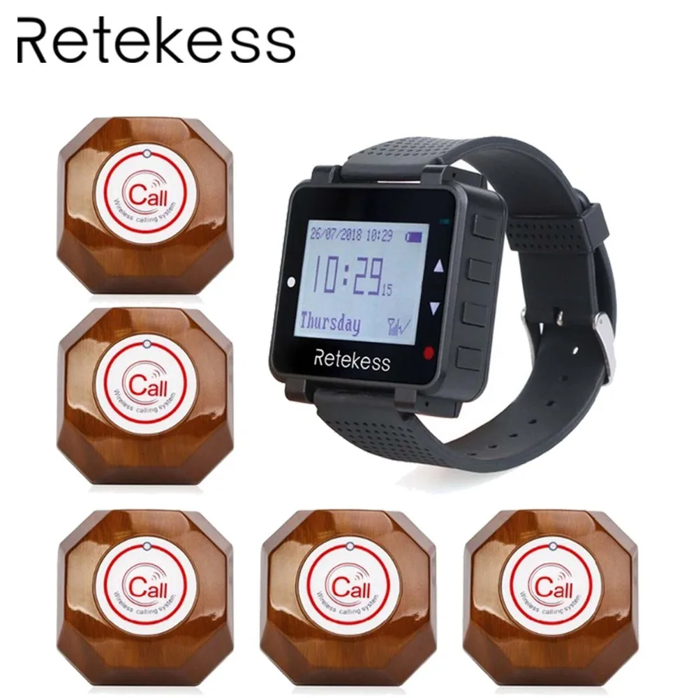 

RETEKESS Restaurant Pager Waiter Wireless Calling System Table Call Bell Pager 1 Watch Receiver + 5 Call Button Customer Service