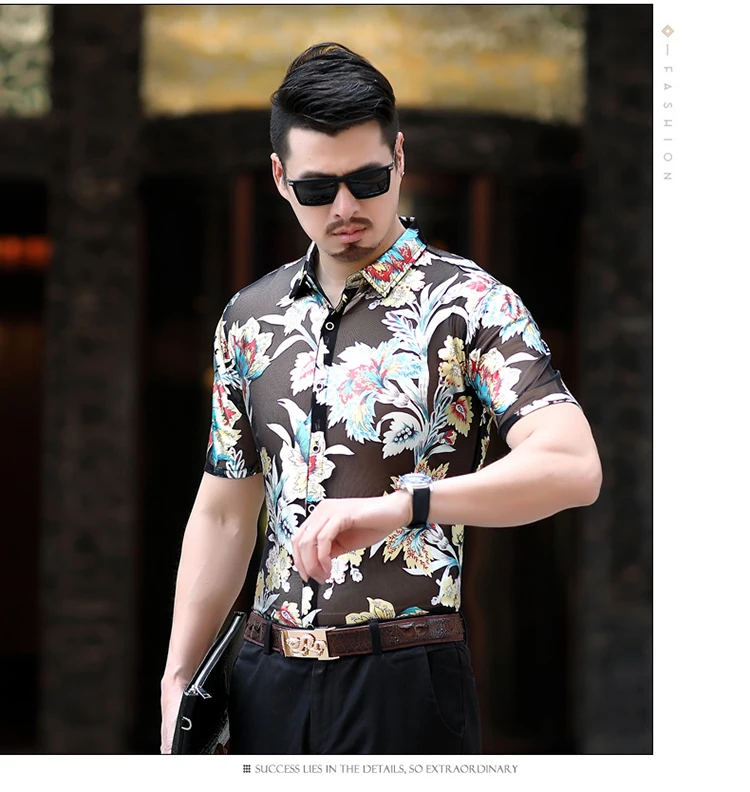 Изысканная шелковая Роскошная рубашка с короткими рукавами и 3d цветочным узором, летняя Новинка, высокое качество, дышащая мужская рубашка M-3XL
