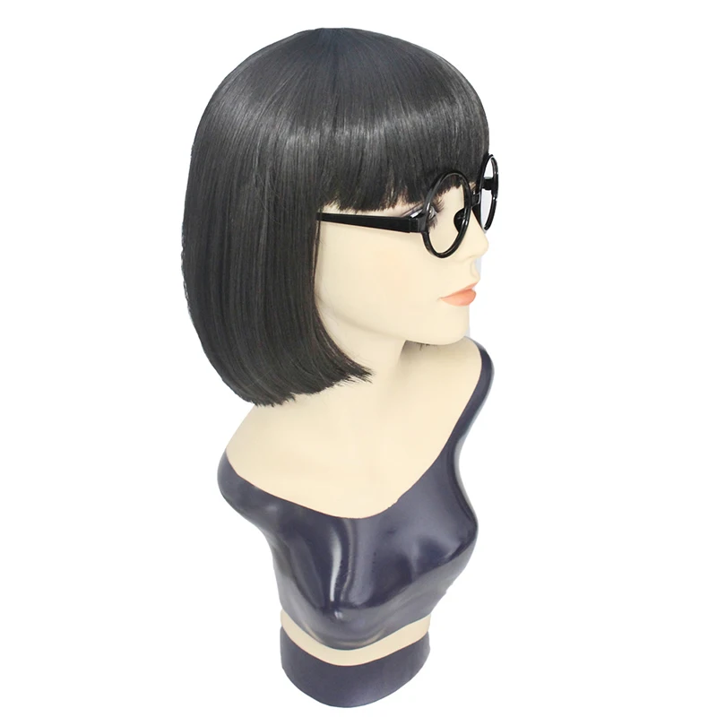Glasses Frame The Incredibles Edna Mode Short Straight Black Synthetic Cosplay Wig With Flat Bangs For Party