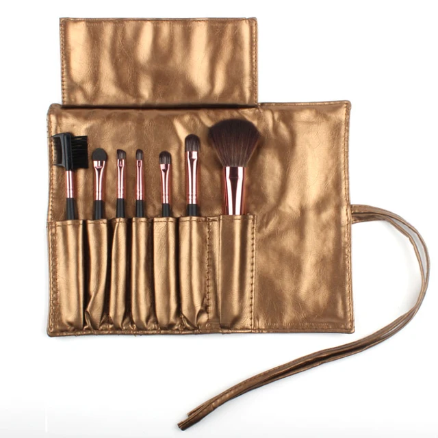 Big Discount! High Quality 7 Makeup Brush Set in Sleek Golden Leather Like Case Portable Make up