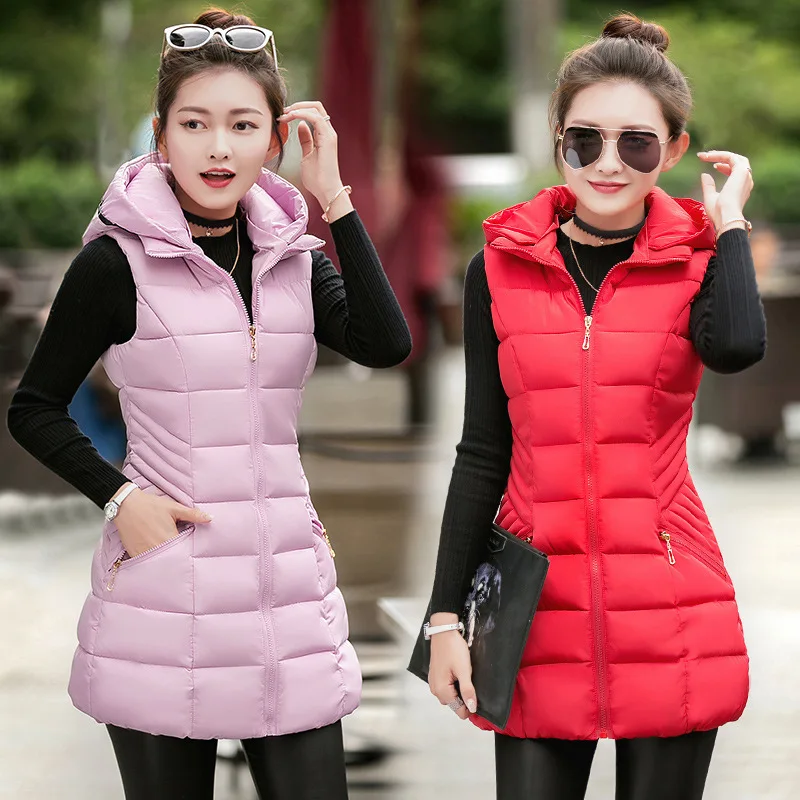 Women Winter Vest Waistcoat 2016 Women Long Vest Sleeveless Jacket Hooded Down Cotton Warm Vest Female Outerwear Plus Size L-3XL