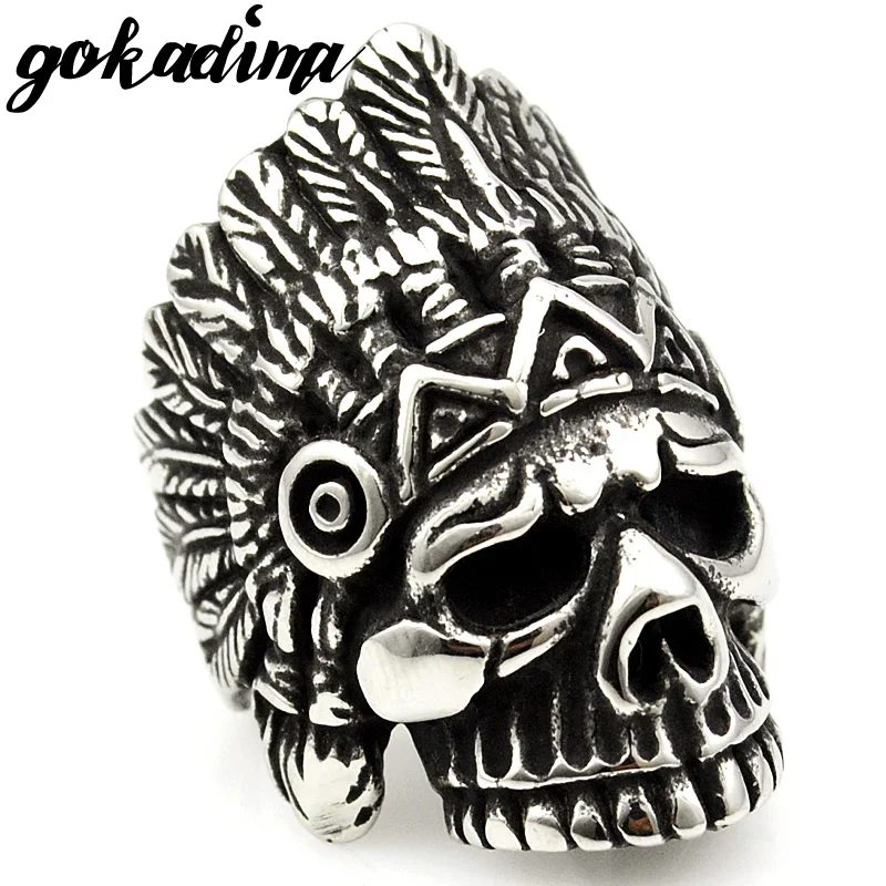 

GOKADIMA Stainless Steel Skull Rings Indian Tribe Chiefs Head Punk Rock Men Ring Jewelry WR308