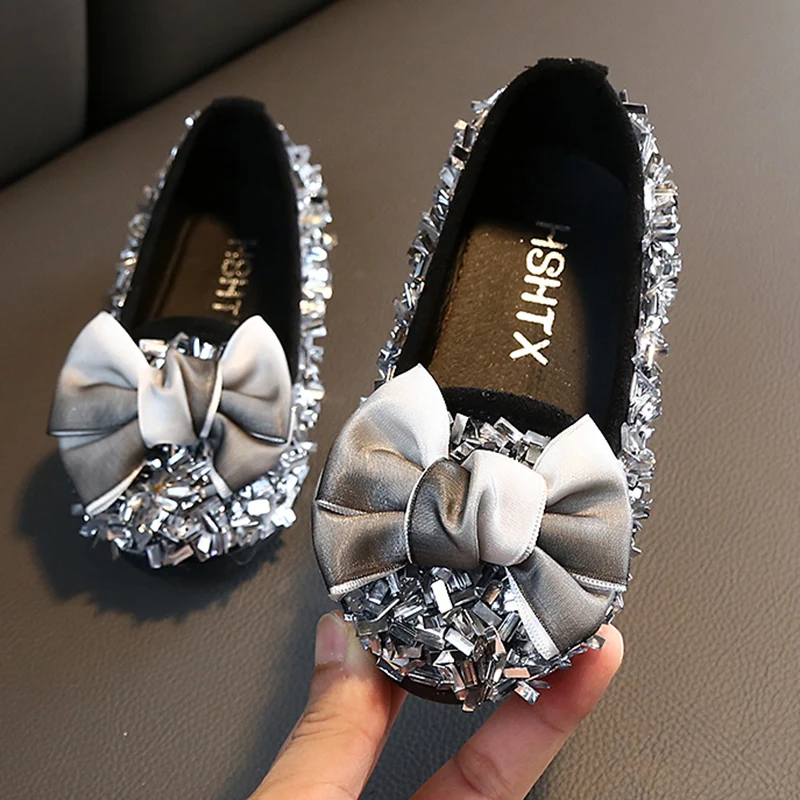 ULKNN 2021 Spring new girls shoes Korean bow rhinestone princess shoes girls fashion wild soft sole shoes