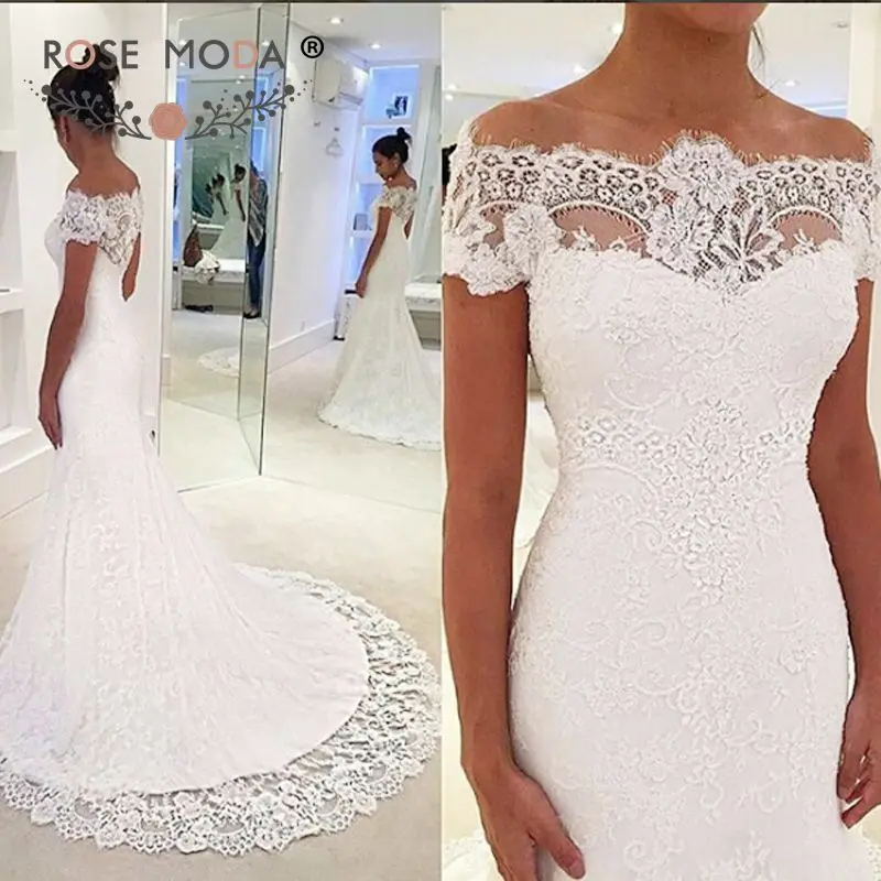 Stunning Off Shoulder Short Sleeves Chantilly Lace Mermaid Wedding ...