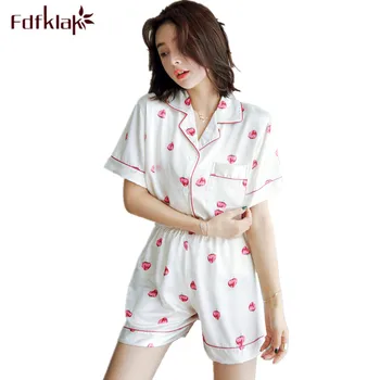 

Fdfklak Korean Silk Pyjamas Women Short Sleeve Sweet Strawberry Shorts Pajamas Set Summer Student's Pajama Pijama Feminino